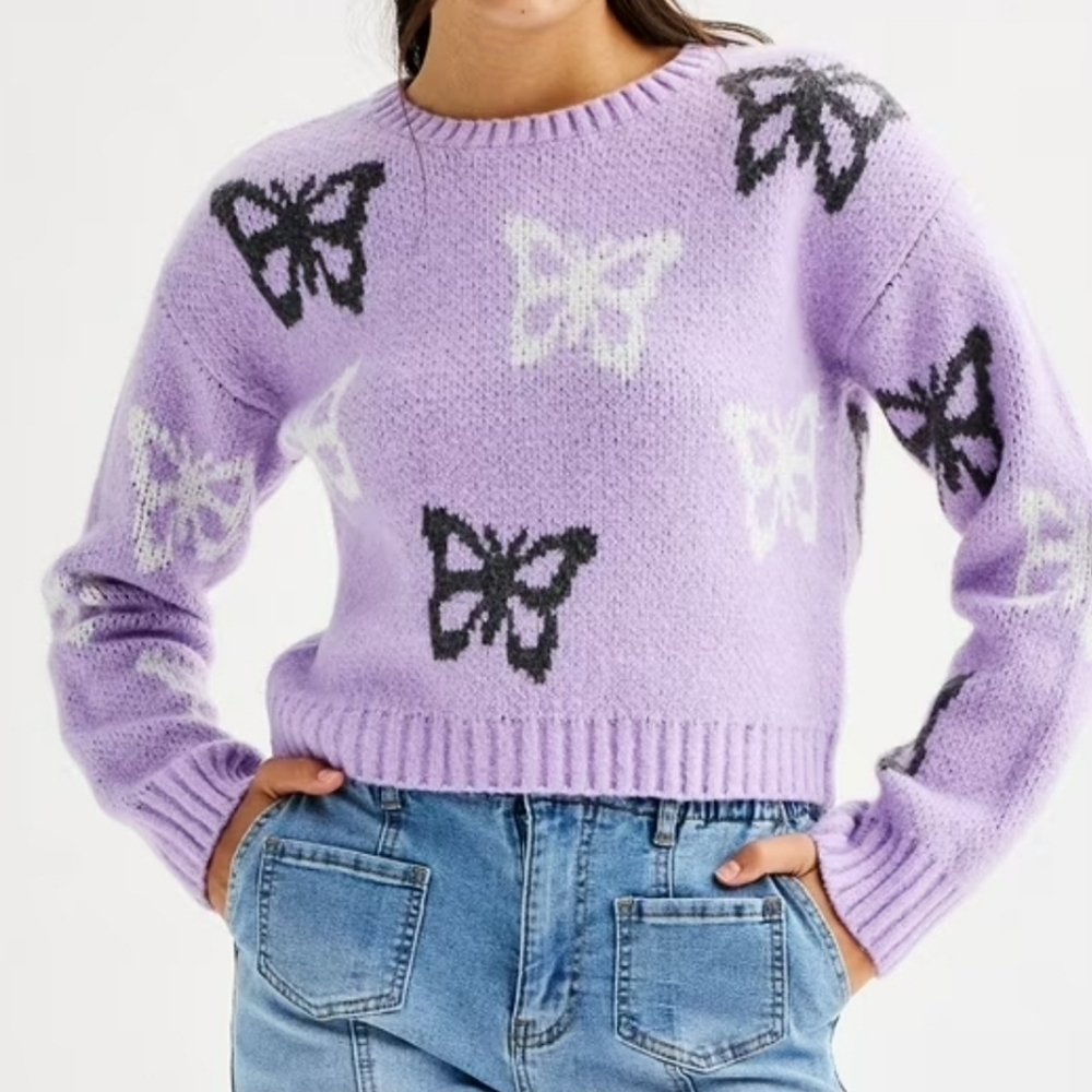 SO Crewneck Drop-Shoulder Pullover Cropped Sweater, Purple Butterflies, Size XS